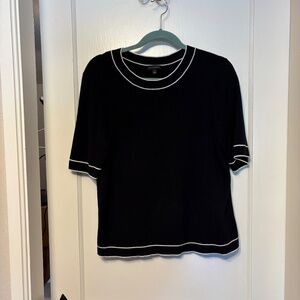 Talbots Black Short Sleeved Sweater with White Tipping on Neck and bottom, Sz L